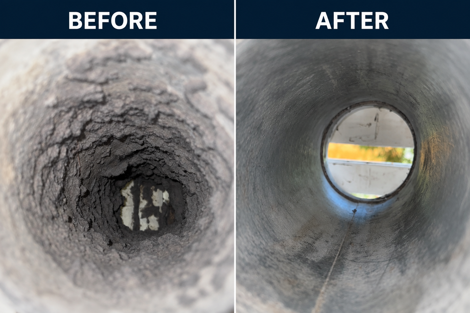 Before and after dryer vent cleaning showing heavy lint buildup inside the duct and a clear vent after cleaning