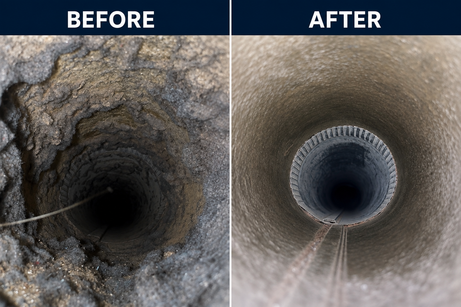 Before and after dryer vent cleaning showing debris around the vent opening and a cleaned vent connection