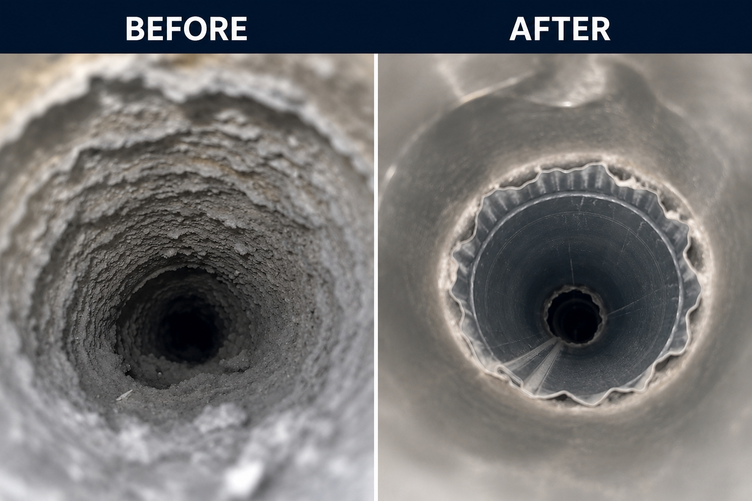 Before and after dryer vent cleaning showing a lint-coated duct wall and the same duct cleared